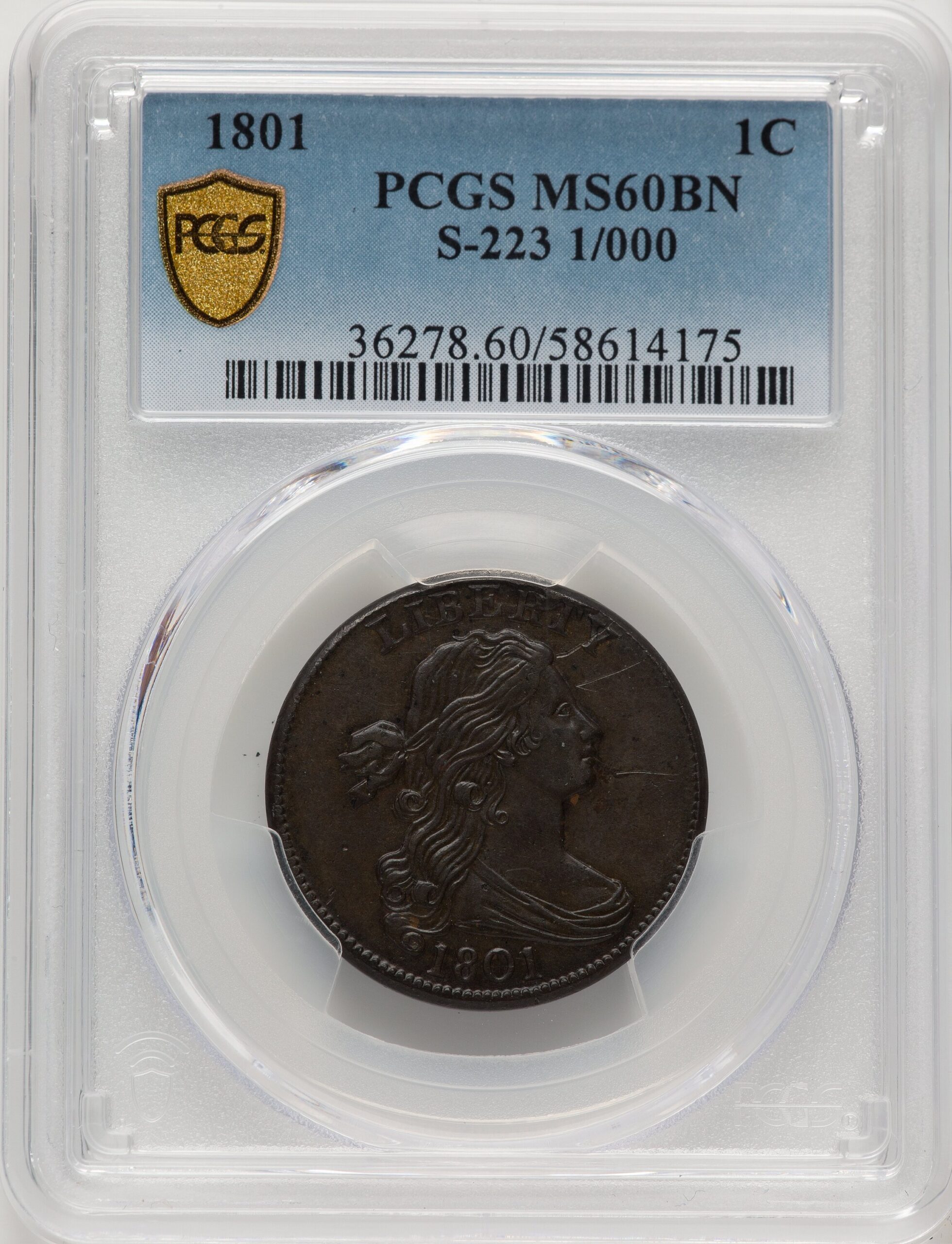 1801 1C 1/000 S-223 BN Large Cent PCGS MS60 1801 1C 1/000 S-223 BN Large Cent PCGS MS60
