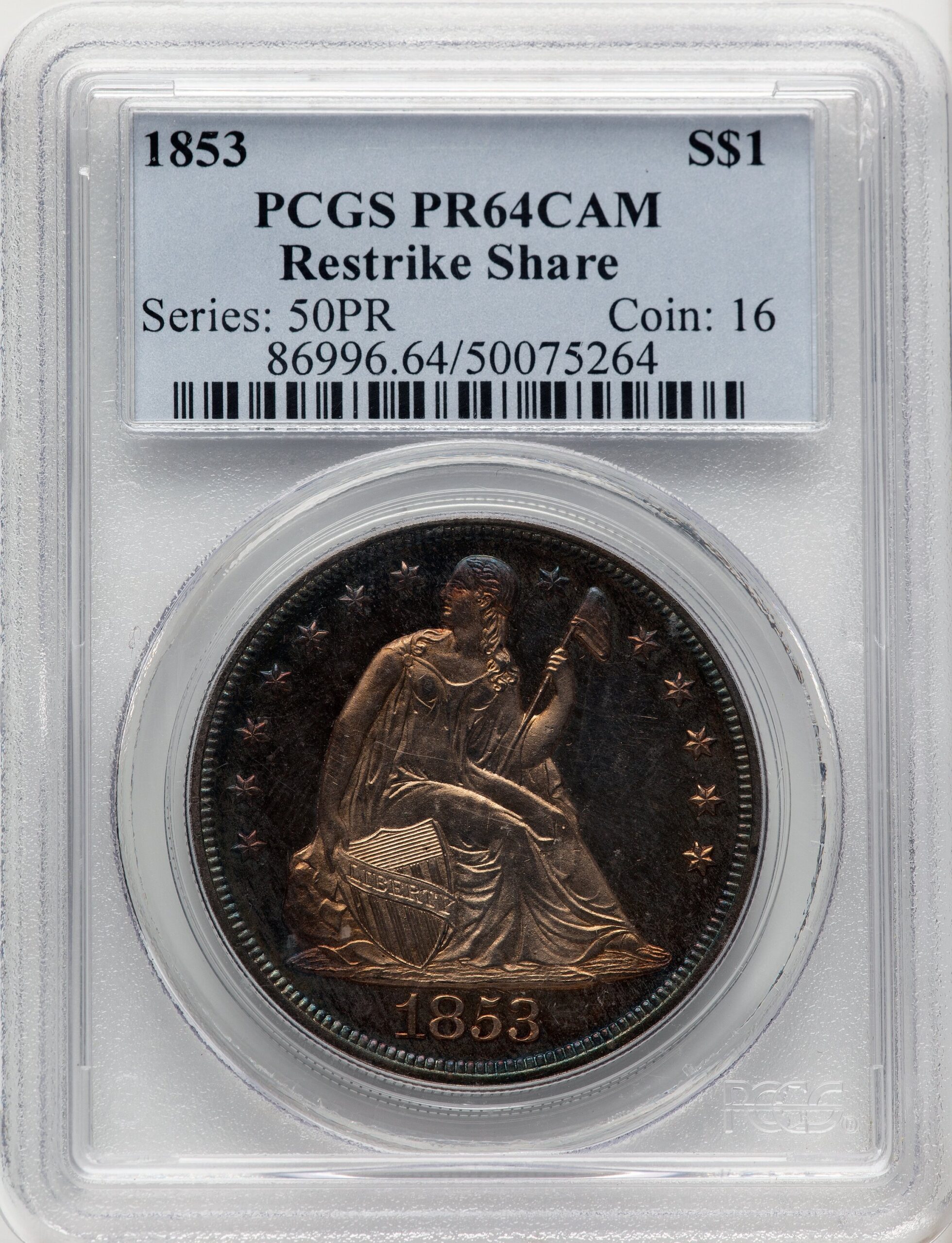 1853 Restrike CA Proof Seated Dollar PCGS PR64 1853 Restrike CA Proof Seated Dollar PCGS PR64