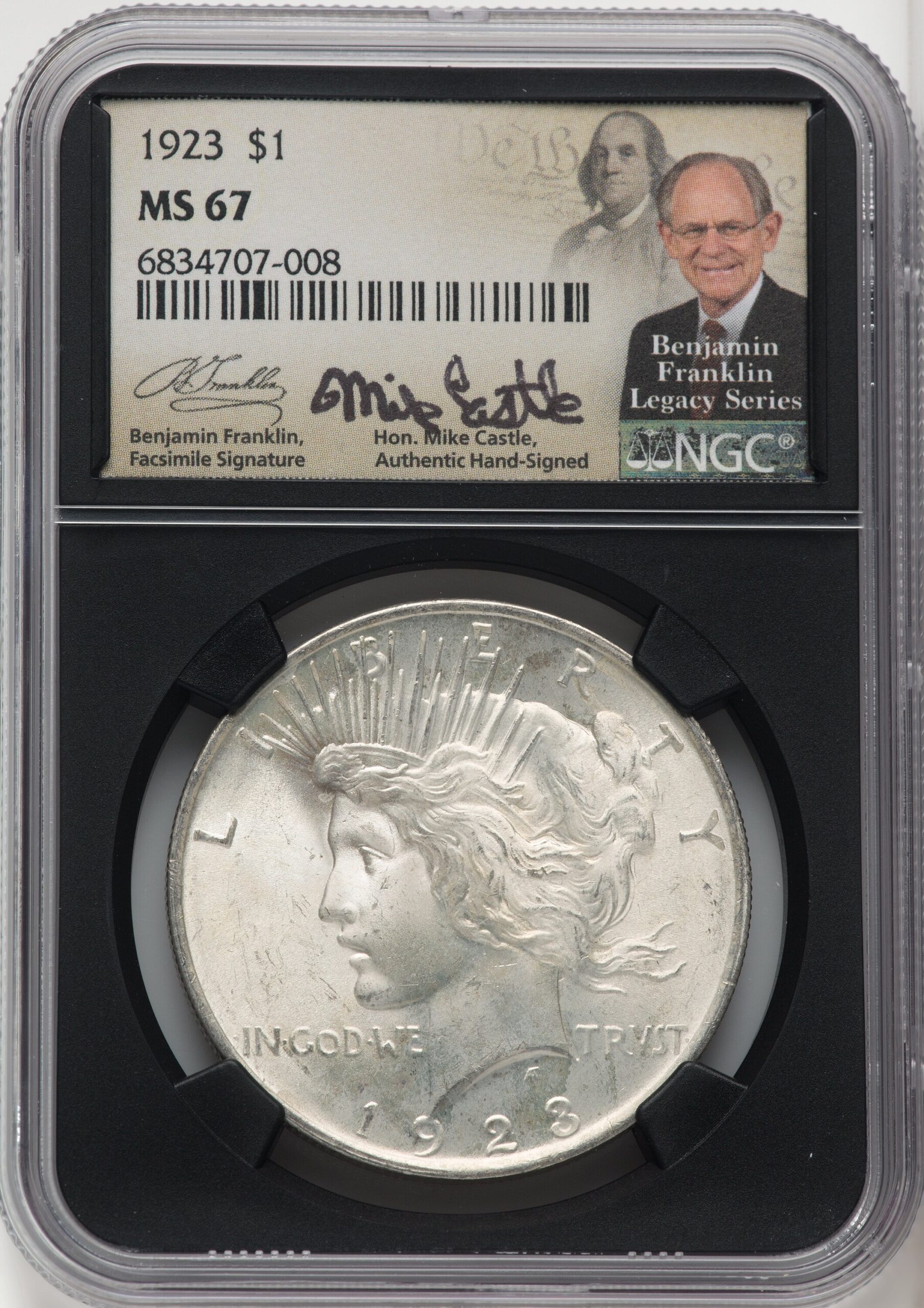 1923 $1 Mike Castle Blk Core Franklin Series Peace Dollar NGC MS67 (765292004) 1923 $1 Mike Castle Blk Core Franklin Series Peace Dollar NGC MS67 (765292004)