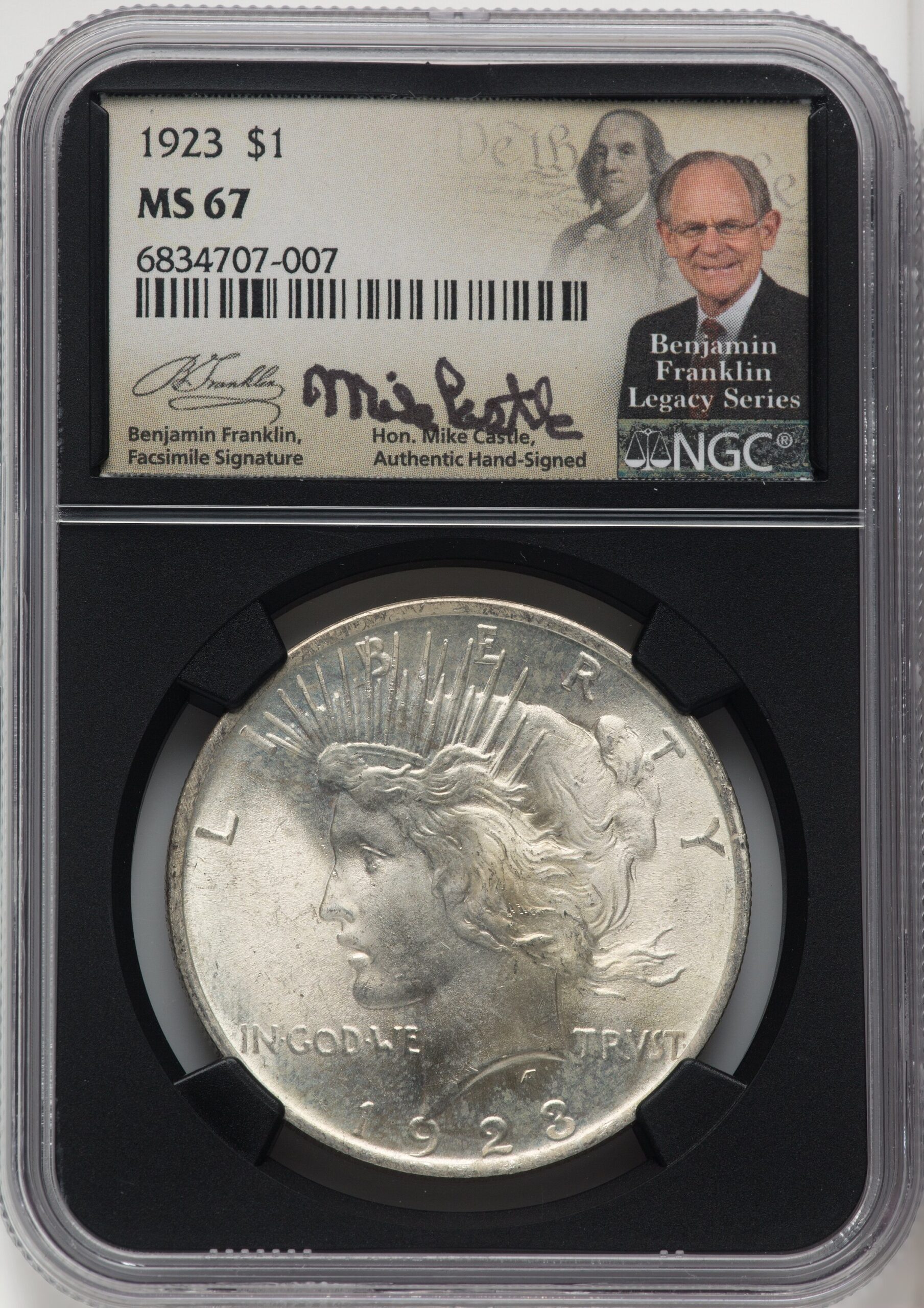 1923 $1 Mike Castle Blk Core Franklin Series Peace Dollar NGC MS67 (765292005) 1923 $1 Mike Castle Blk Core Franklin Series Peace Dollar NGC MS67 (765292005)