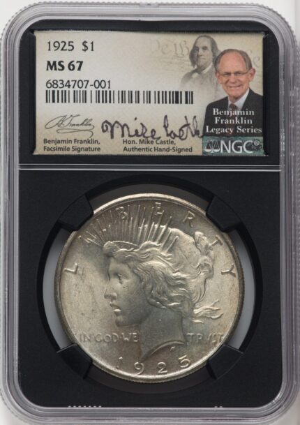 1925 $1 Mike Castle Blk Core Franklin Series Peace Dollar NGC MS67 (765292012)