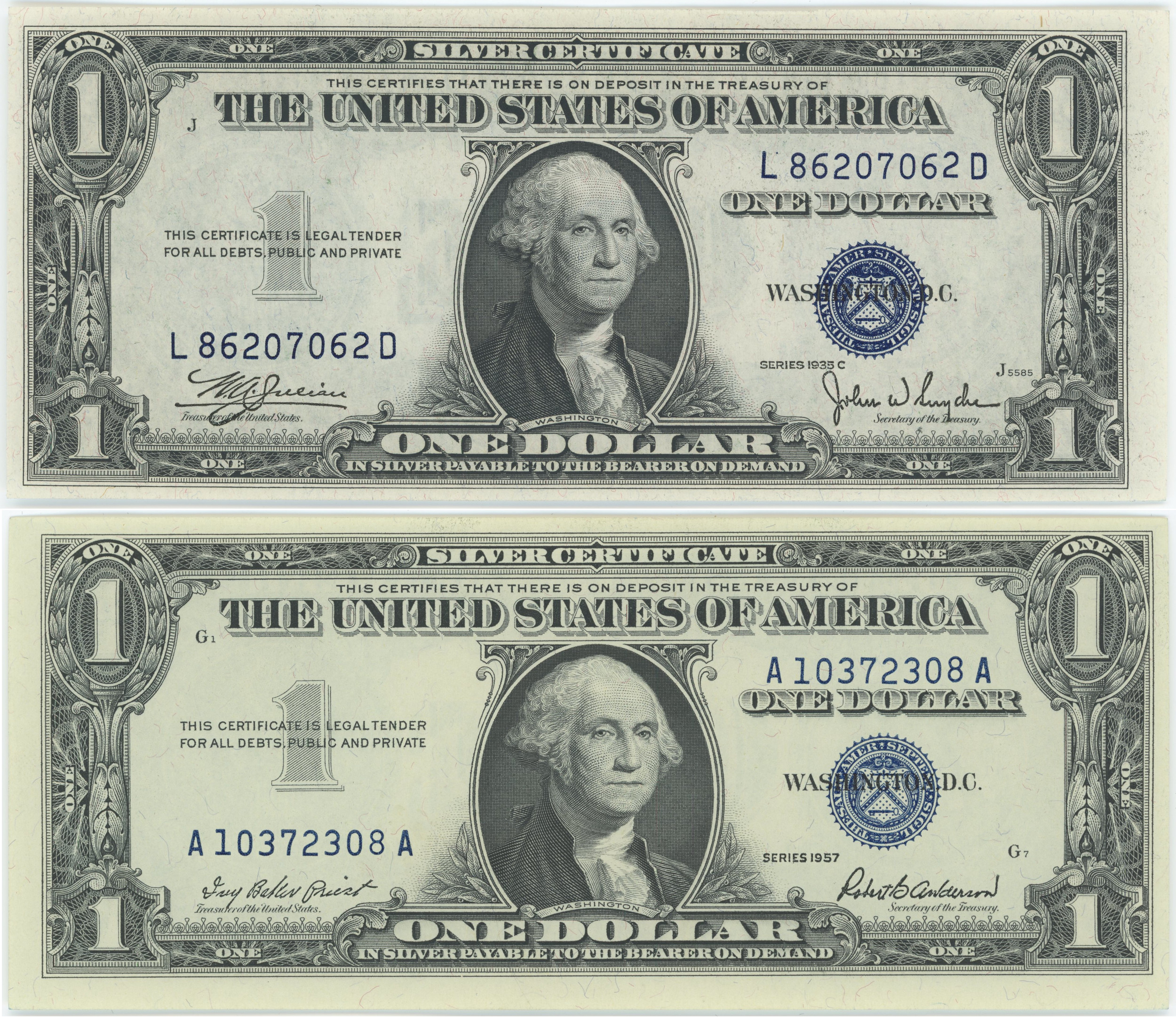 1935 No Motto & 1957 With Motto $1 Silver Certificate Set 1935 No Motto & 1957 With Motto $1 Silver Certificate Set