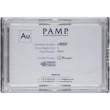 5 oz Gold Bar PAMP Suisse Lady Fortuna Veriscan® (w/Assay)